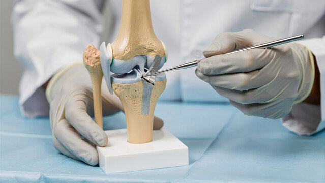 Doctor pointing at human knee joint model. Medical professional explains anatomy in a clinical setting. Orthopedic surgery concept, ideal for healthcare education.