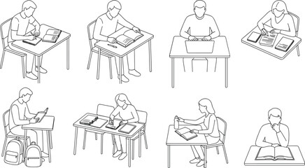 Obraz premium Students Studying at Desks Line Art Vector Set for Education and Classroom Design
