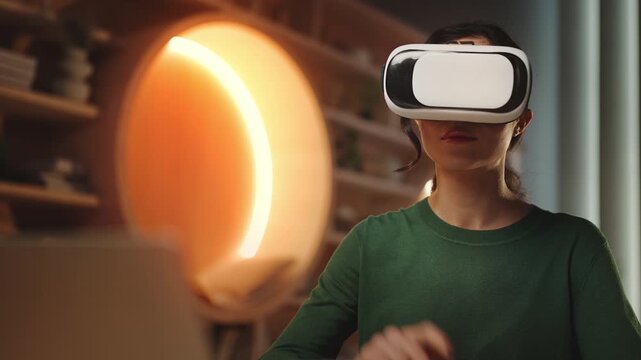 Female student using VR headset for immersive learning experience in library