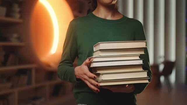 Positive young woman holding stack of books in home study, doing research