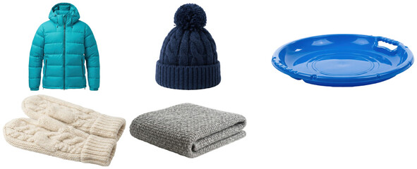 A collection of cozy winter clothing and a snow saucer sled for cold-weather comfort and play. © A2026_XXX
