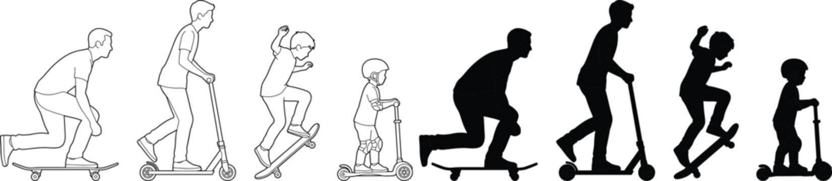 Skateboard and Kick Scooter Poses Line Art and Black Silhouette Vector Collection for Art Reference