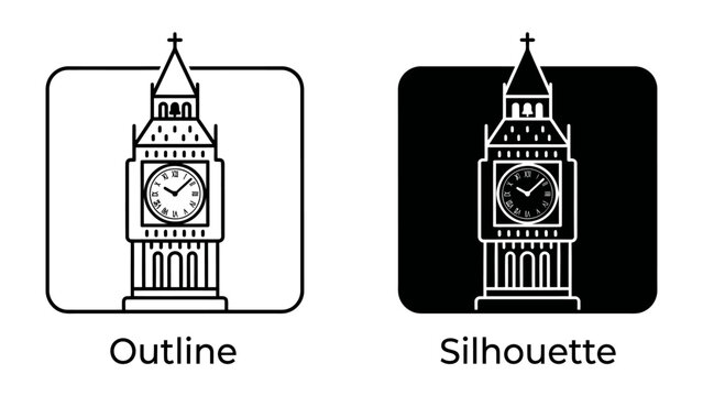 Big Ben Outline and Silhouette: Iconic clock tower represented in both a clean outline and a striking silhouette, showcasing architectural grandeur.
