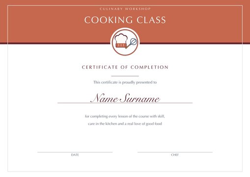 Cooking class certificate template completion culinary course chef blank