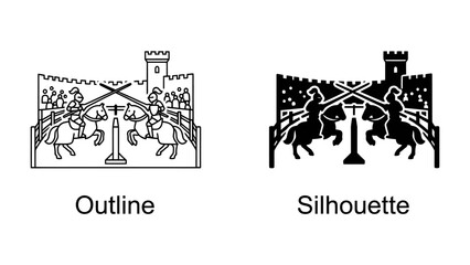 Fototapeta premium Medieval Jousting Tournament Outline and Silhouette: Two contrasting styles, outline and silhouette, depict a classic medieval jousting tournament scene with knights on horseback.