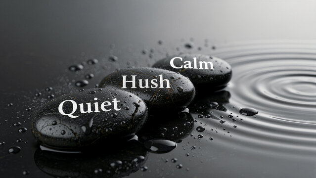 Three zen stones with quiet hush and calm text. Water ripples and droplets on a dark background. Mindfulness and peace concept, ideal for wellness and spa branding.