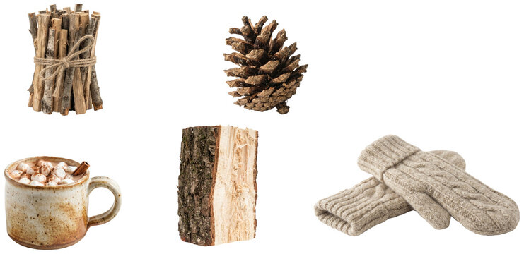 A cozy winter collection of mittens, a cocoa mug, pinecone, kindling, and split log for a warm fireside scene.