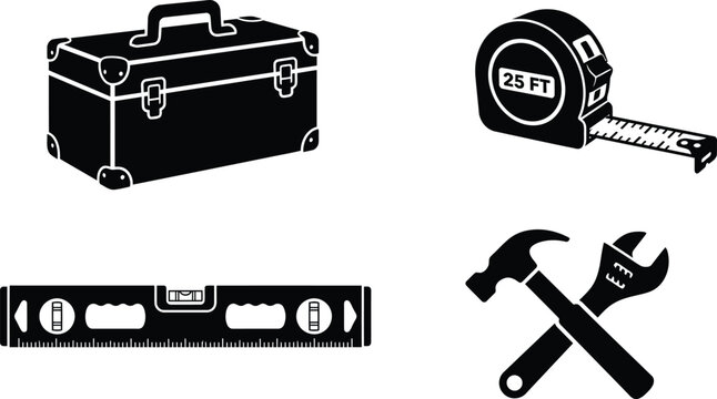 Four black vector icons of measurement and construction tools on a white background