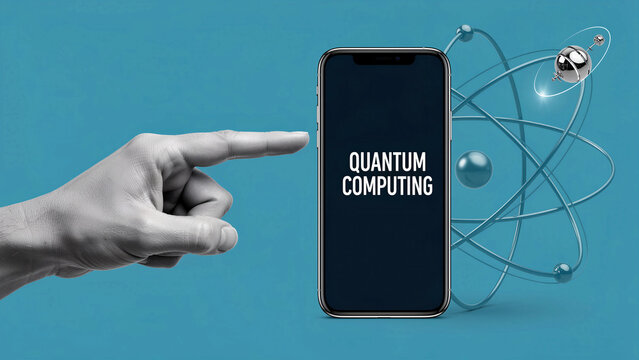 Hand pointing at smartphone screen showing quantum computing text. Atom model depicts advanced physics and mobile tech. Innovation theme for technology marketing.