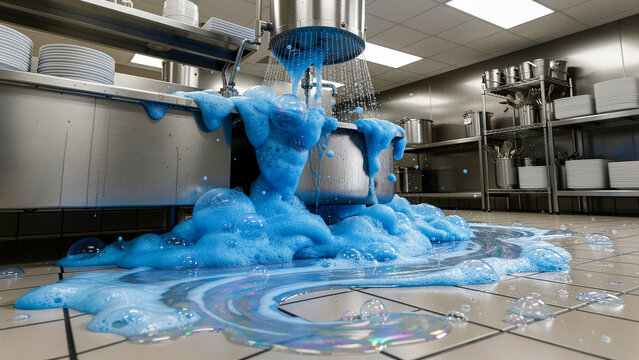 Blue foam overflowing from commercial kitchen sink onto floor. Industrial dishwasher malfunction in professional restaurant. Sanitation disaster concept for cleaning services or insurance ads.