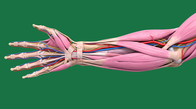 Detailed view of human forearm musculature with tendons and nerve pathways showcasing anatomy and structure for educational medical and biological studies related to human body systems
