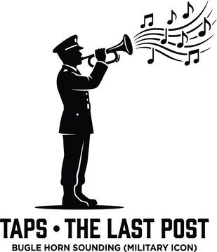 Military bugler playing Taps during a solemn ceremony with musical notes against a white backdrop vector