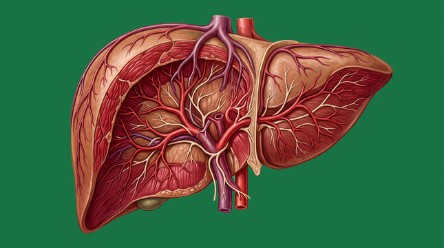 Detailed depiction of a human liver highlighting its complex internal structure including blood vessels and bile ducts for medical education health awareness and anatomy studies emphasizing liver func