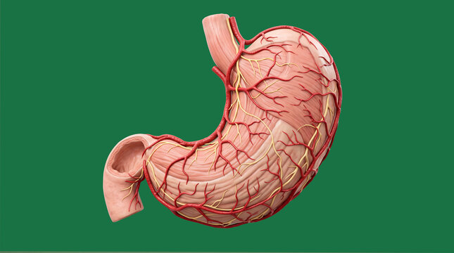 Detailed 3D Rendering of Human Stomach Anatomy Showing intricate muscular lining and blood vessel network in a realistic section highlighting digestive system functions and medical study purposes