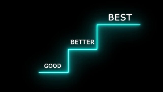 highlight staircase progress from good to better to best, glow line, continuous improvement, black background, excellence in personal or professional growth Winner Finance 4K Loop Motion Graphics.