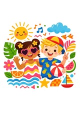 Naklejka premium Joyful kids enjoying a vibrant summer day illustration.