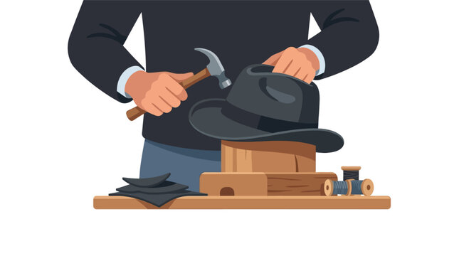 Professional milliner craftsman shaping a classic felt fedora hat in workshop flat design vector illustration.