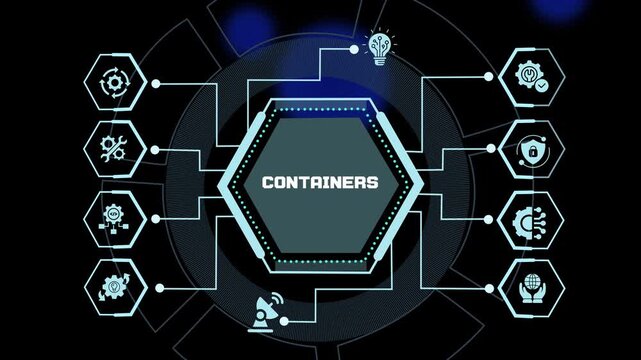 Containers technology concept featuring cloud native application deployment, scalable enterprise infrastructure, automated orchestration and modern computing.
