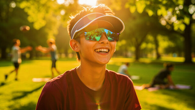 Smiling teen boy wearing visor and mirrored sunglasses in sunny park. Young male enjoying outdoor recreation with friends during golden hour. Active lifestyle and youth wellness concept.