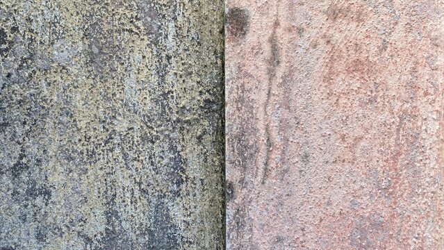 Split frame texture of old weathered concrete walls, showing a contrast between a dark green mossy cement surface and a rustic terracotta brick red plaster background.
