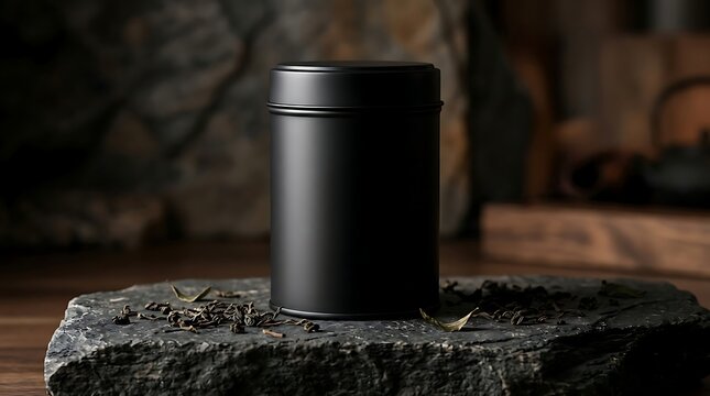 Black matte tin can on dark stone with tea leaves and blurred background.