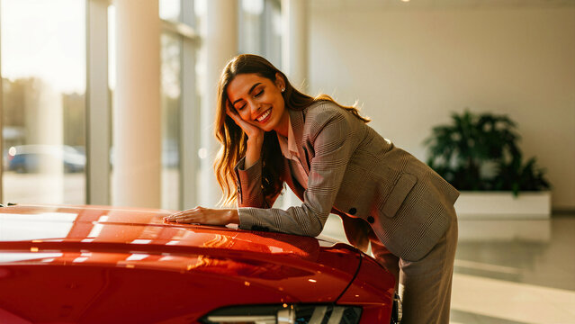 Smiling woman in suit leaning on red car at dealership. Happy professional touching new luxury vehicle in showroom. Car ownership and success concept, ideal for automotive and insurance marketing.