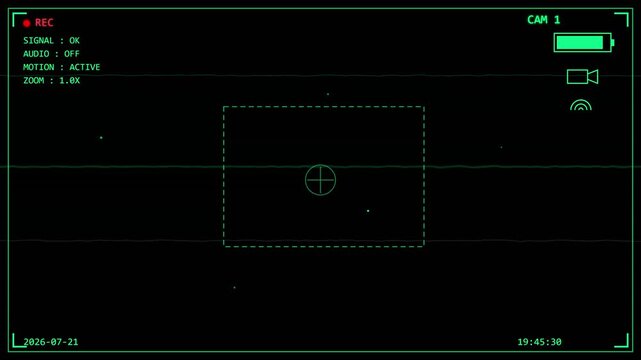 Camera viewfinder overlay displays digital recording information with a central focus reticle and battery status indicator.