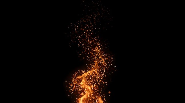 Dynamic glowing fire particle stream abstractly ascending against a deep dark background, radiating intense heat and energetic light sparks