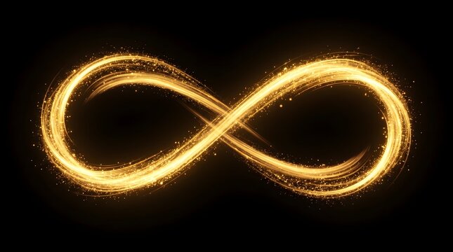 Golden luminous infinity symbol crafted from sparkling light trails, representing endless possibility and perpetual motion on a deep black background