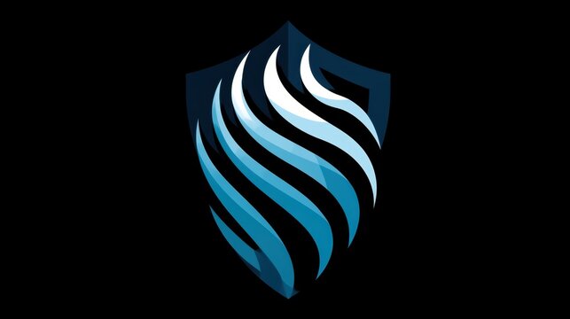 Abstract modern shield logo design with flowing wave shapes and blue gradient elements creating a dynamic and protective emblem on black background for branding