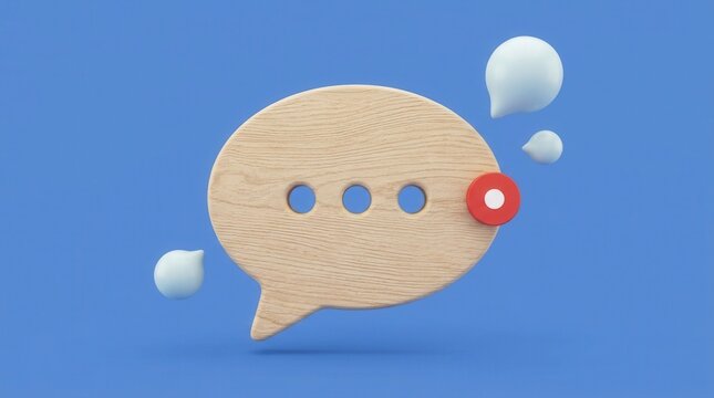 3D rendering wooden speech bubble three Incoming message notification alerts trigger instant customer support assistance while