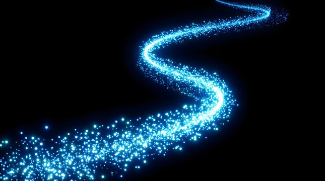 A swirling, sparkling trail of electric blue light particles flows across a black background, creating a magical, ethereal glow