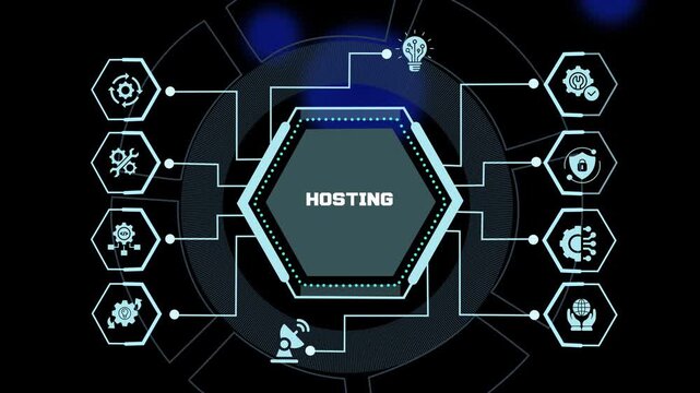 Cloud Hosting concept featuring scalable digital infrastructure, enterprise server environment, secure web services and advanced computing technology.