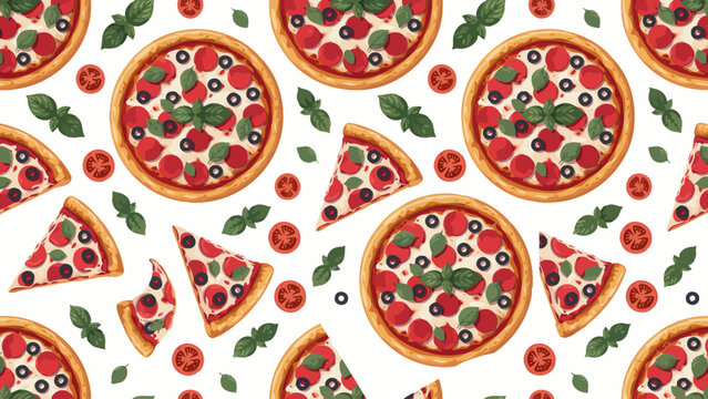 Colorful pizza slices and whole pizzas with tomato and basil pattern design