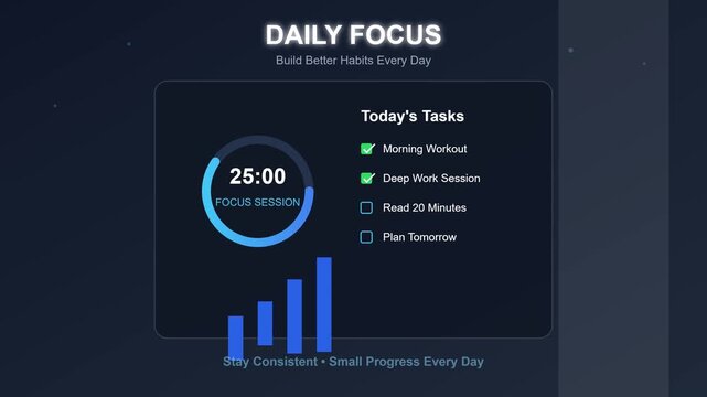 Daily focus planner shows a timer for task management and a checklist of productive habits for improved work efficiency.