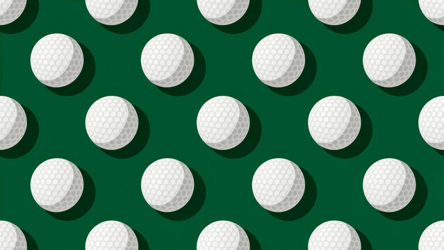 Seamless pattern of white golf balls on a green background. Minimalist vector illustration showing a grid of sports equipment with soft shadows. Athletic concept for sports marketing materials.