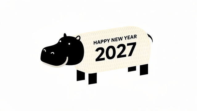 Stylized hippopotamus with Happy New Year 2027 text. Minimalist black and white animal vector design. Festive greeting concept for holiday marketing and seasonal social media campaigns.
