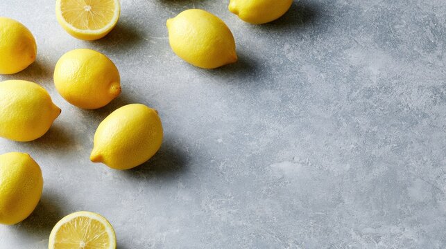 Group of lemons on a gray textured surface. there are nine lemons in total, arranged in a scattered manner. the lemons are bright yellow in color and appear to be fresh.