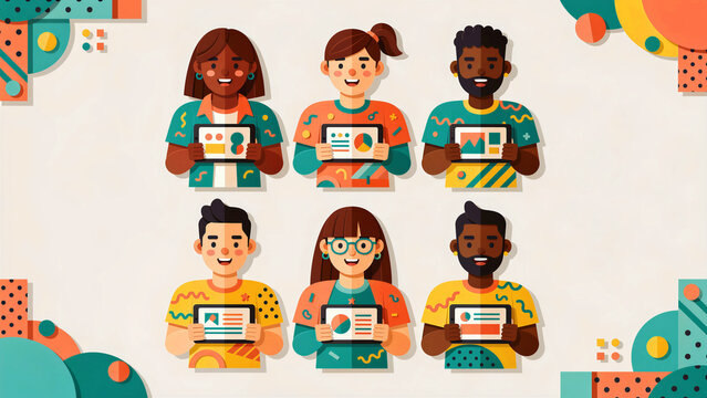 Diverse group of people holding tablets with data charts. Multi-ethnic characters in colorful flat illustration style presenting info. Business analytics and teamwork concept for tech marketing.