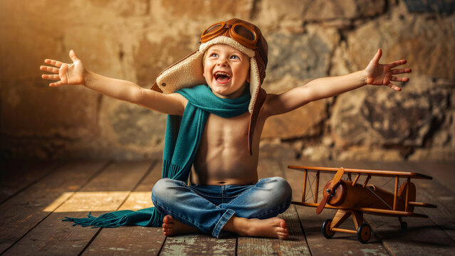 Happy boy in aviator gear with open arms. Child with wooden toy airplane in rustic setting. Childhood dream and flight concept, ideal for family marketing.