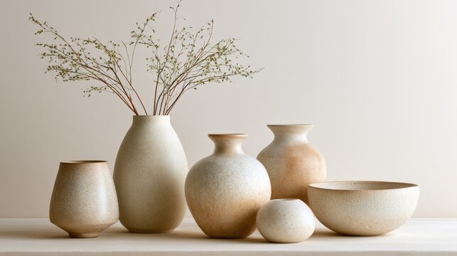 Group of five ceramic vases and a bowl arranged on a white surface. the vases are of different sizes and shapes, with the largest one in the center and the smallest one on the right side.