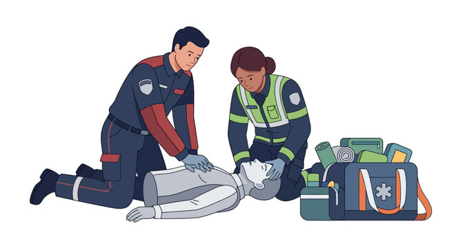 Paramedics performing CPR on a medical mannequin for emergency first aid training flat vector illustration
