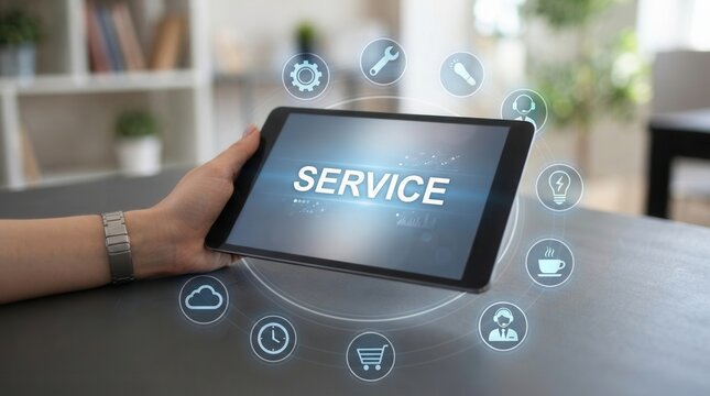 Person hand holding tablet word "SERVICE" Service support customer help call center Business technology button