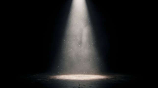 A single bright spotlight illuminates a dusty, dark stage, creating a dramatic and atmospheric scene