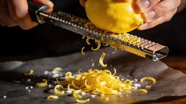 Fresh Lemon Zest Being Grated with Metal Zester