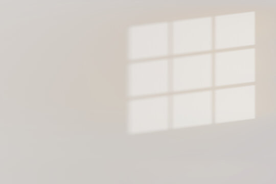 A three-pane window shadow template with sharp clean shapes on an empty white wall with copy space. Bright sunlight with a sharp shadow overlay effect. Minimalist interior background mockup, 3D render