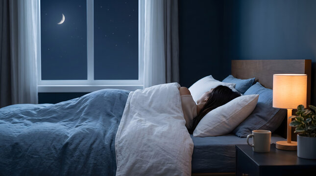 Woman sleeping peacefully in cozy bed at night with moon and stars outside window