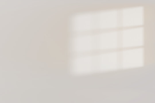 A three-pane window shadow template with blurred shapes on an empty white wall with copy space. Bright sunlight with a sharp shadow overlay effect. Minimalist interior background mockup, 3D rendering.