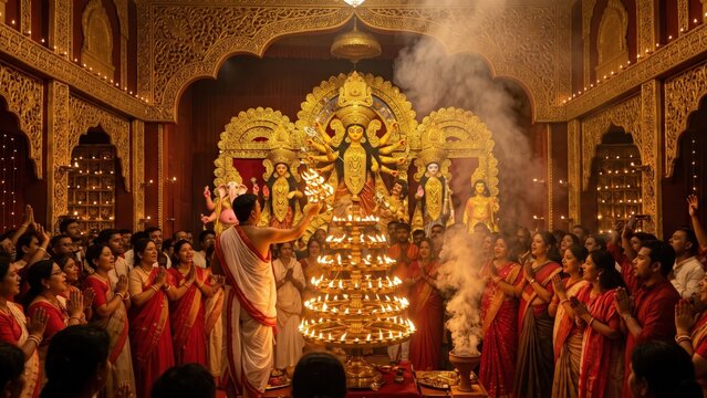 Grand Durga Puja Aarti &ndash; Priest Leading Devotion