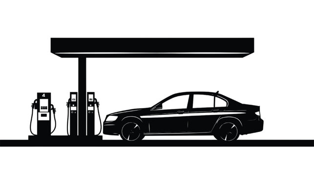 Fuel station pump stands ready for service as a sleek car pulls up beneath the protective canopy, rendered in a sharp black and white silhouette style perfect for clean corporate presentations.